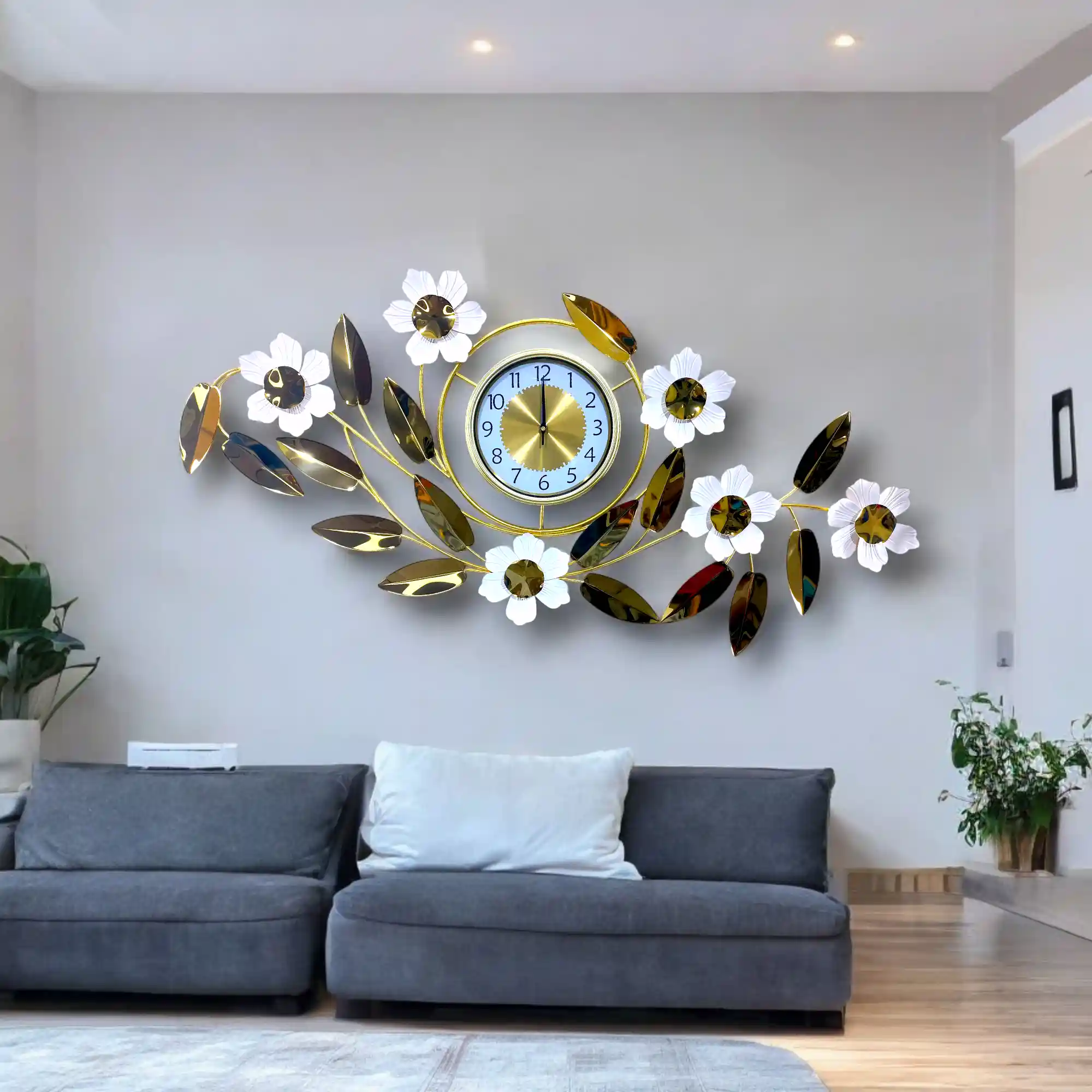 Glossy Leaf & White Floral Decorative Wall Clock