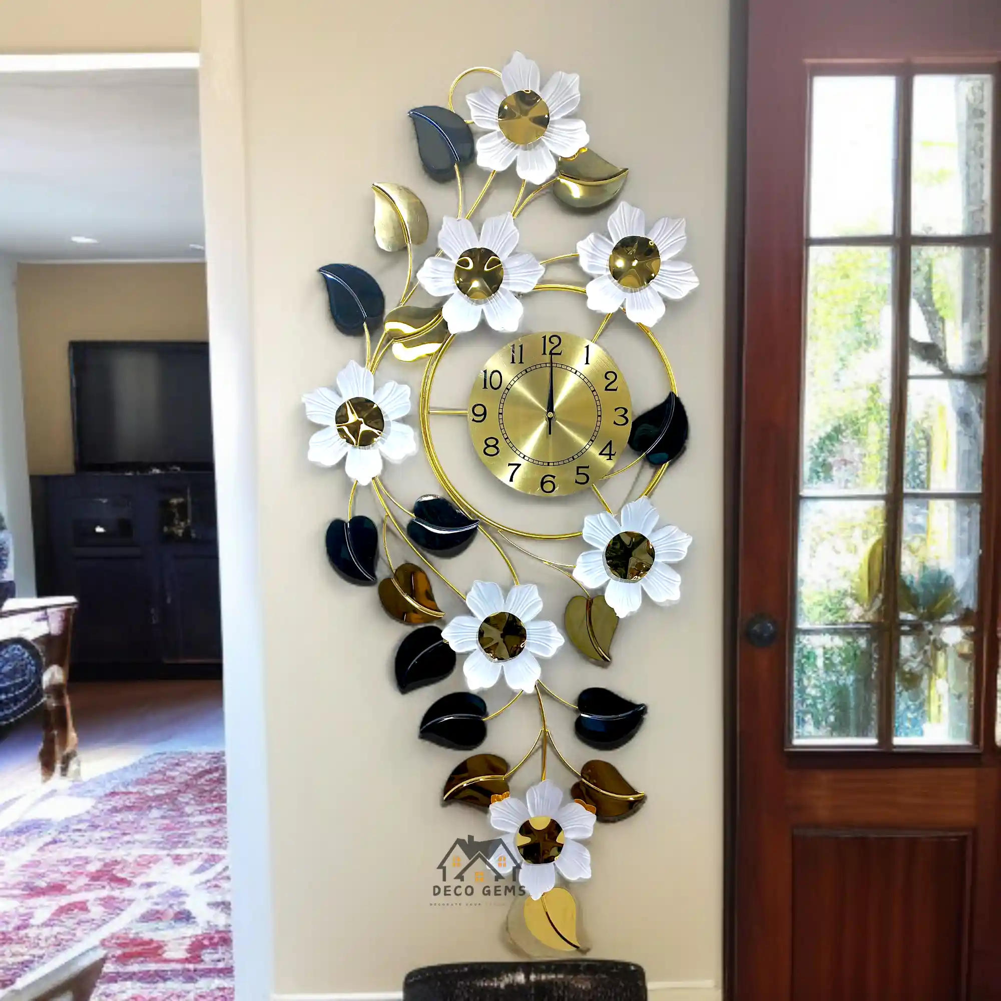 Vertical Glossy Leaf & White Floral Wall Decor Clock