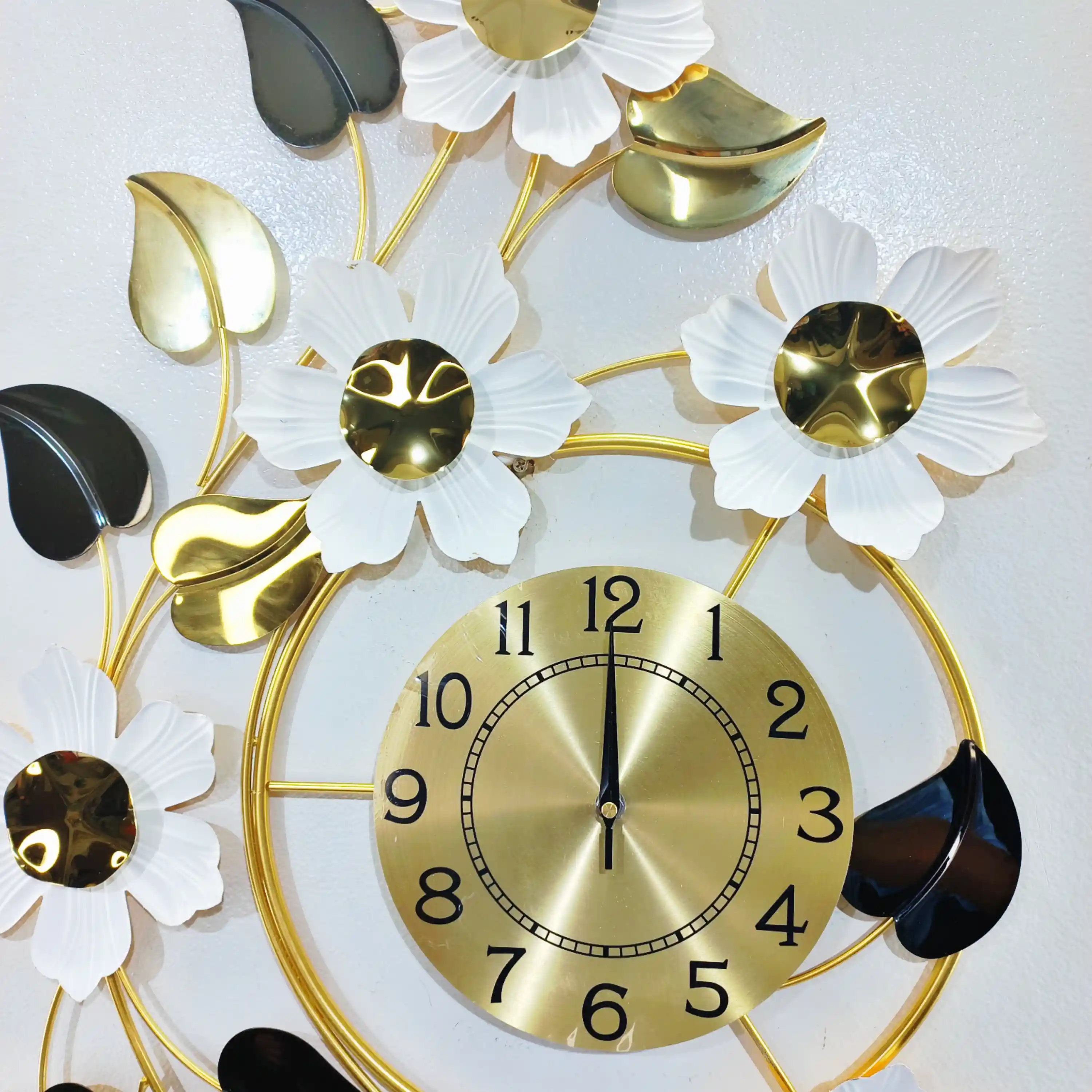 Vertical Glossy Leaf & White Floral Wall Decor Clock