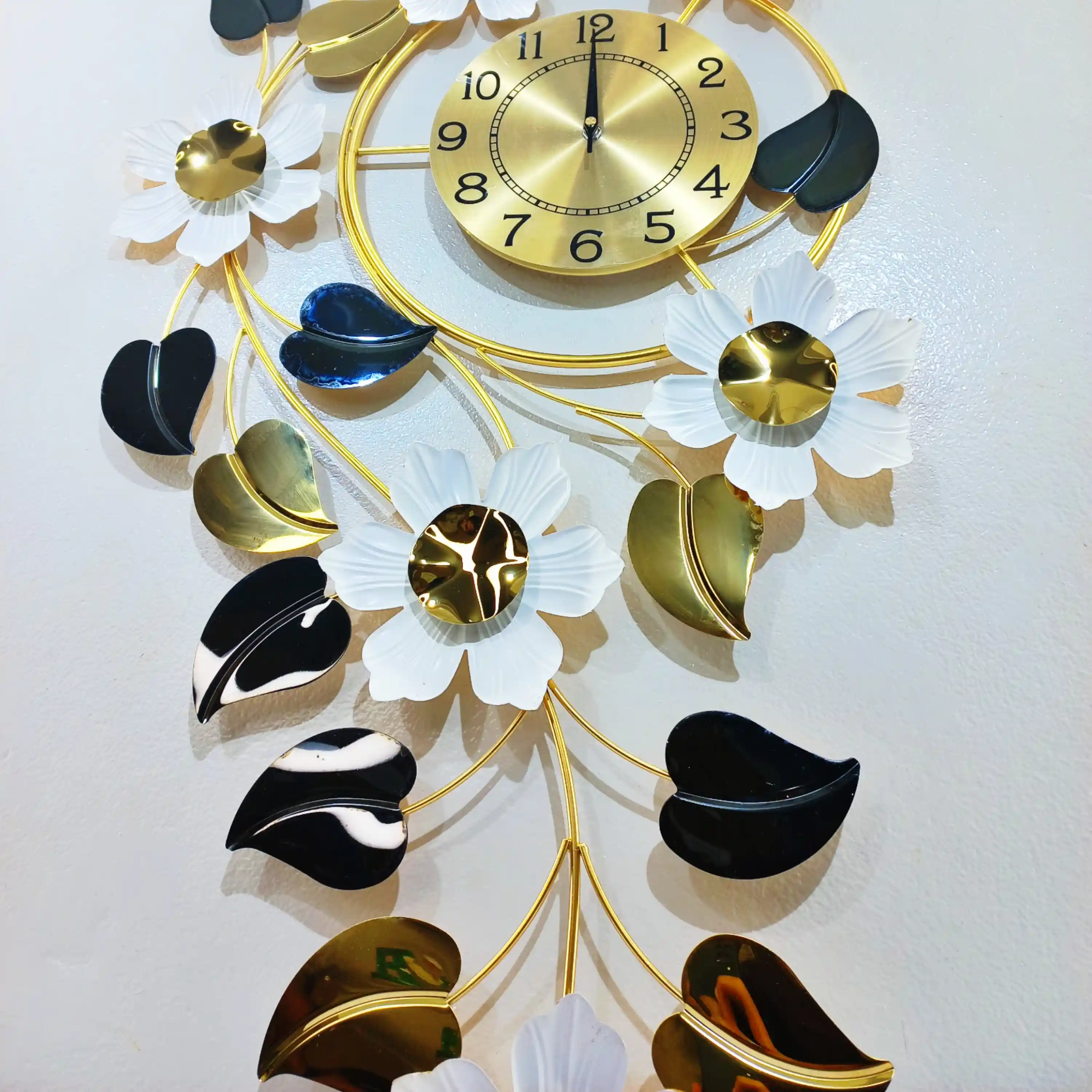 Vertical Glossy Leaf & White Floral Wall Decor Clock