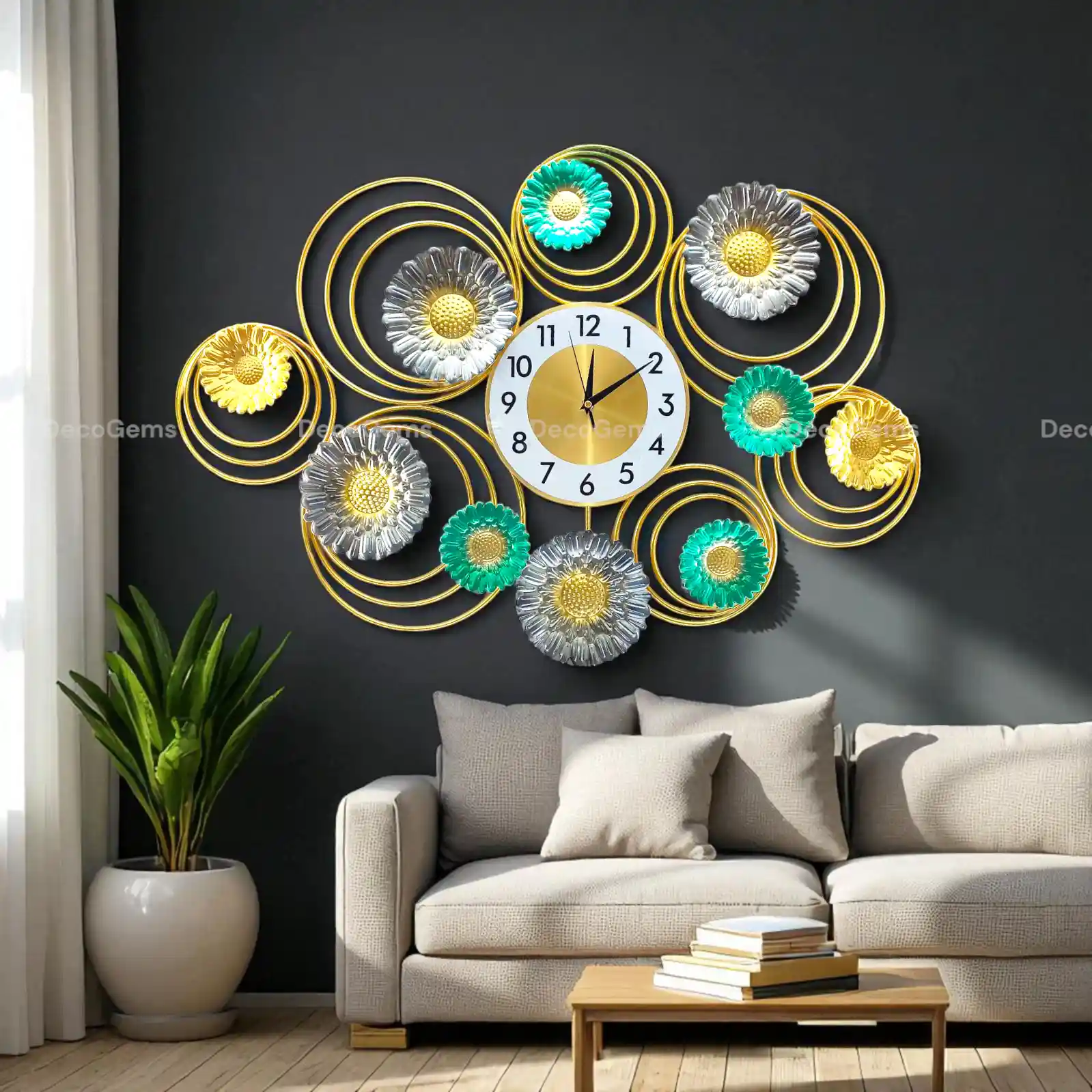 Flower Design Metal Decor Wall Clock- 17471