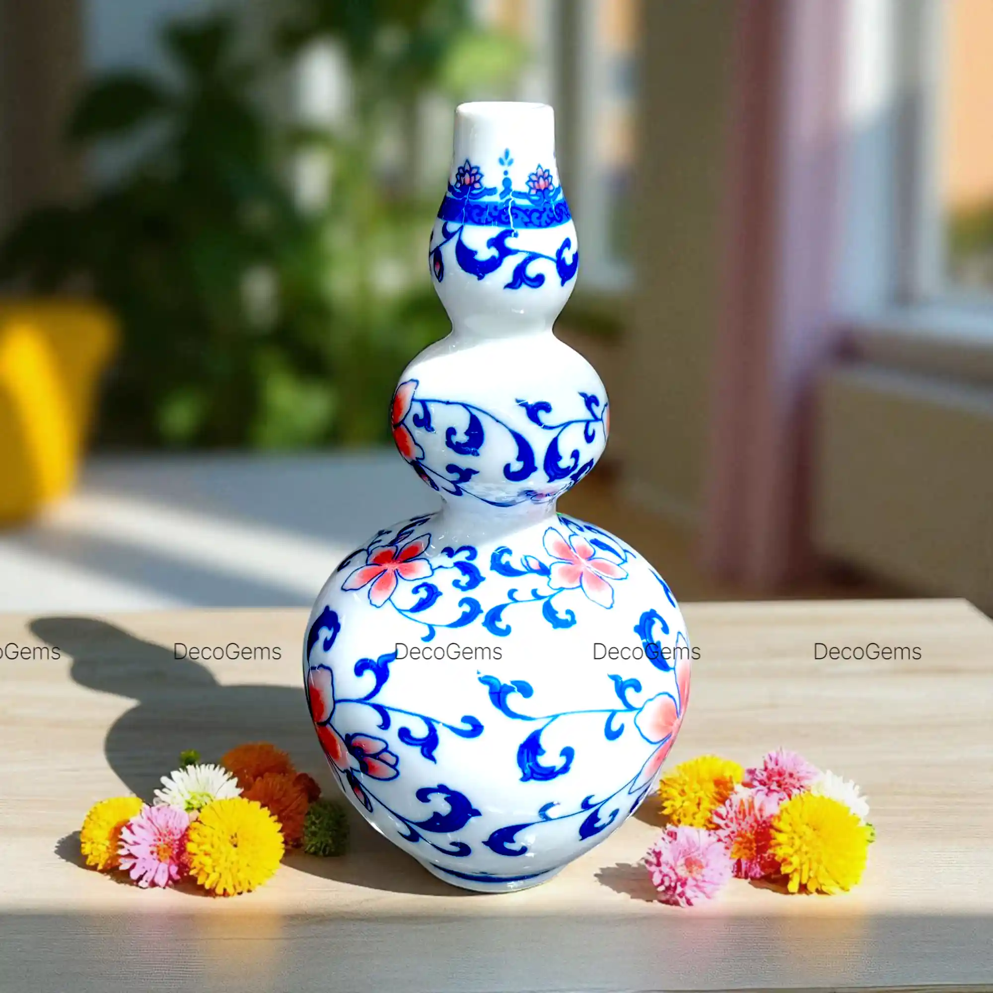Pink-Blue Floral Designed Flower Vase