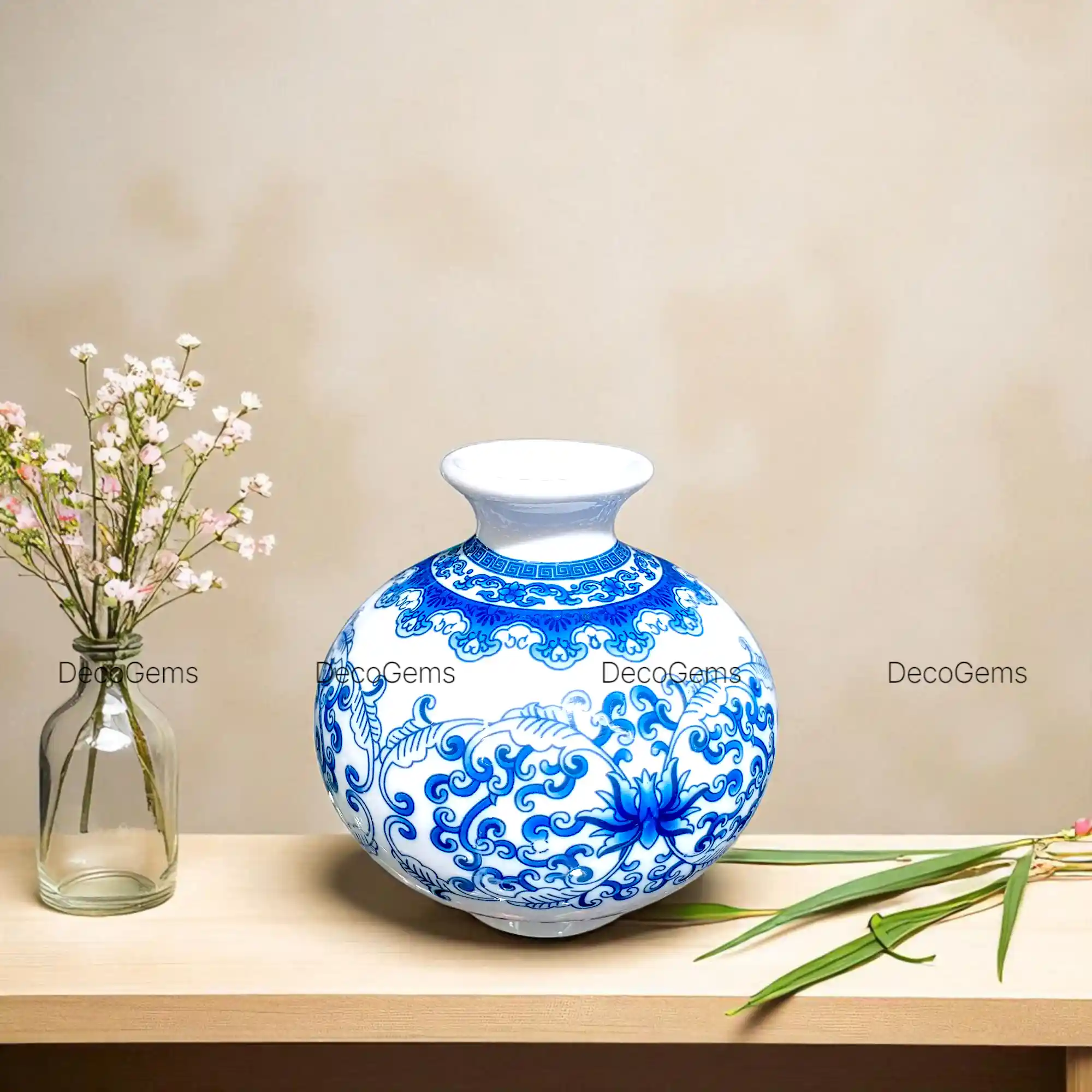 Blue Floral Round Flower Vase
