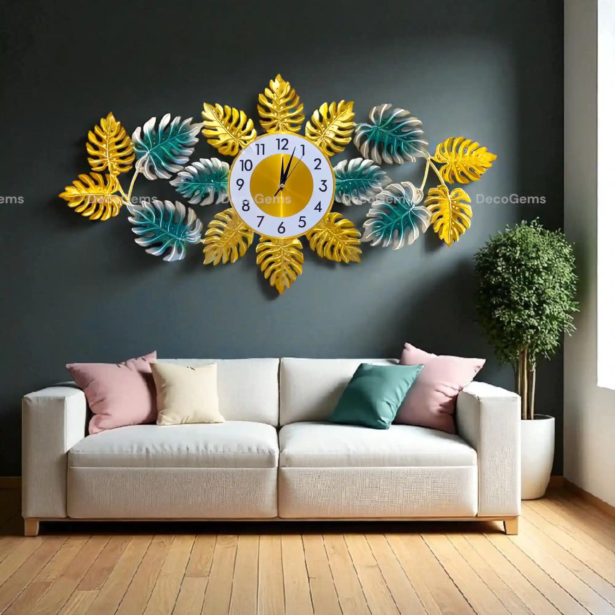 Leaf Designed Metal Wall Decor Clock- 17463