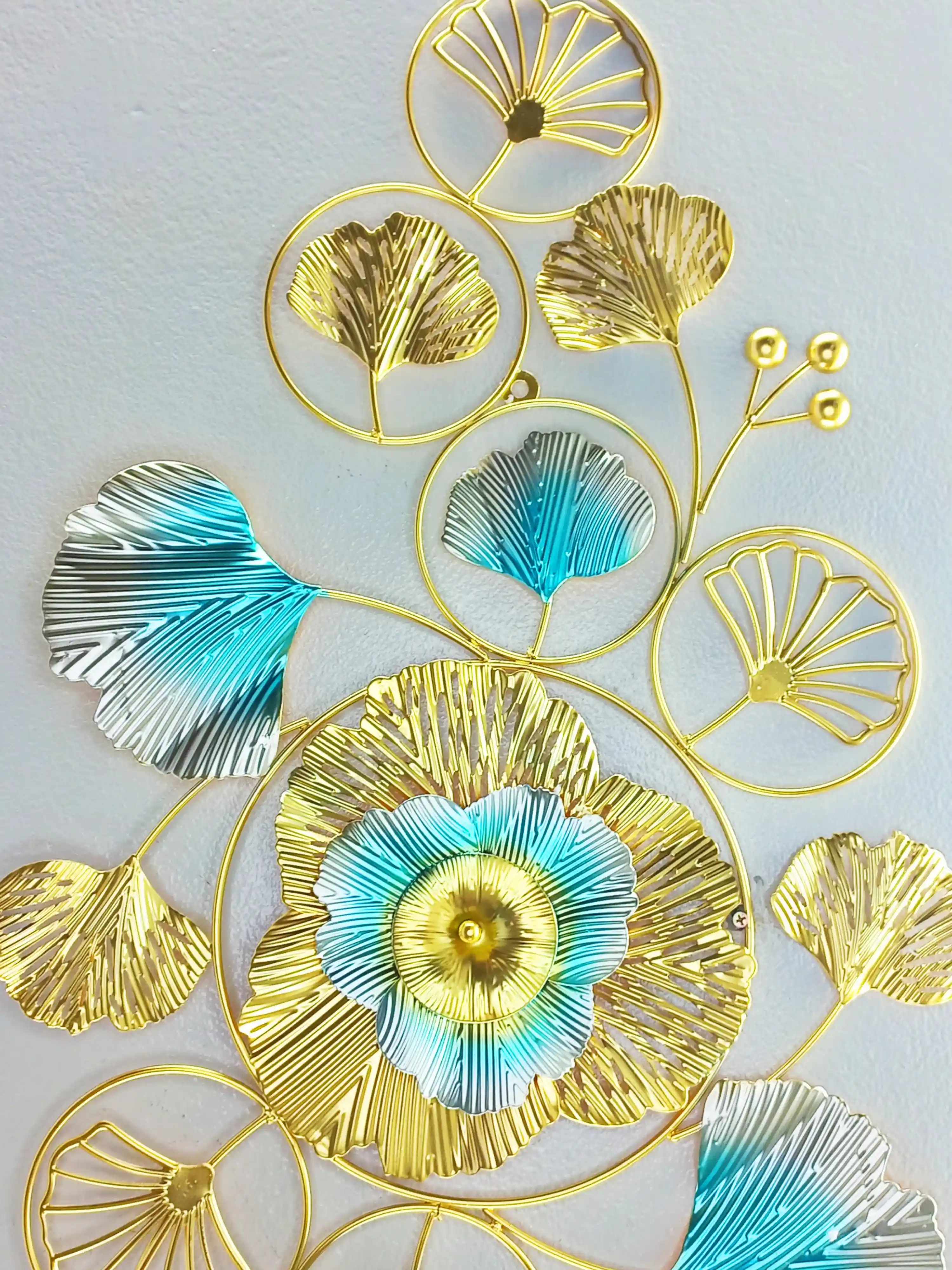 Golden-Blue Leaf Horizontal Metal Wall Décor - 17648